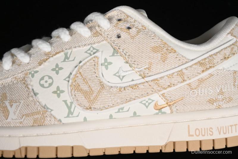 Nike SB Dunk Low LV Collaboration - Beige Swoosh Anniversary High-End Custom Low-Top Casual Skate Shoes - SJ2068-258