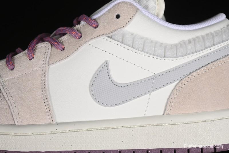 Nike Air Jordan 1 Low Retro Casual Sneakers with Smooth Leather and Suede - FQ8094-100