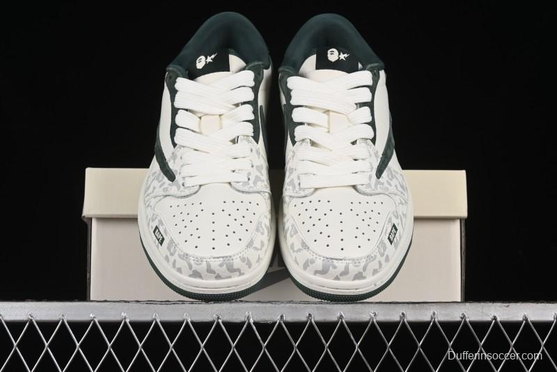 Nike Travis Scott x Fragment Design x Air Jordan 1 Low OG SP AJ1 Bape Collaboration - Camo Green Low Top Casual Sneakers - JH6088-614