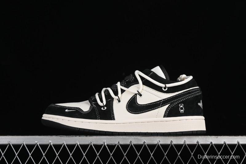 Nike Air Jordan 1 Low AJ1 x Violent Bear Collaboration - Black Beige Mark Line Custom Retro Basketball Shoes - SJ9950-013