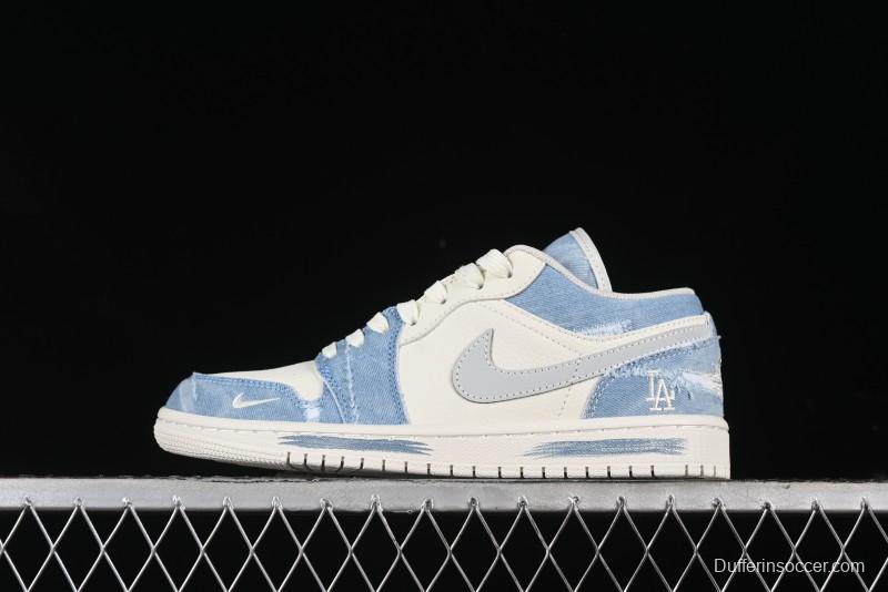 Nike Air Jordan 1 Low MLB Collaboration Retro Blue Denim Custom Basketball Shoes - DC2024-027