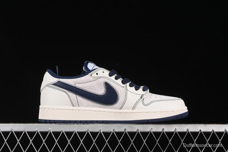 Nike Travis Scott x Fragment Design x Air Jordan 1 Low OG SP AJ1 Supreme Collaboration - Dark Blue Swoosh Low-Top Casual Sneakers - XZ2268-001