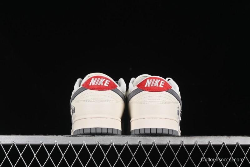 Nike SB Dunk Low Stussy Collaboration - Grey Pigskin Red Tail Anniversary High-End Custom Low-Top Casual Skate Shoes - XY2025-015