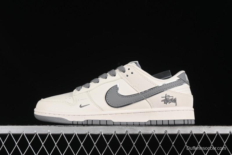 Nike SB Dunk Low Stussy Collaboration - Off White Dark Grey Swoosh Anniversary Custom Low-Top Casual Skate Shoes - DQ1098-382