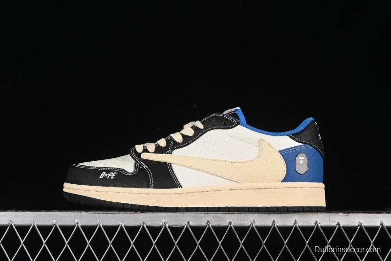Nike Travis Scott x Fragment Design x Air Jordan 1 Low OG SP AJ1 Bape Collaboration - Crocodile Leather Black White Blue Low Top Casual Sneakers - XZ2828-001