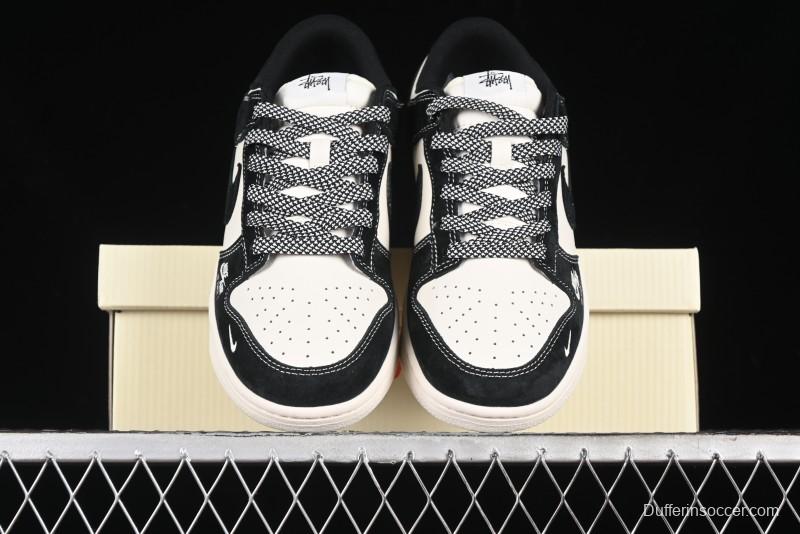 Nike SB Dunk Low Supreme x Stussy Triple Collaboration - Black White Black Swoosh Anniversary Custom Low Top Casual Skate Shoes - SJ2068-300
