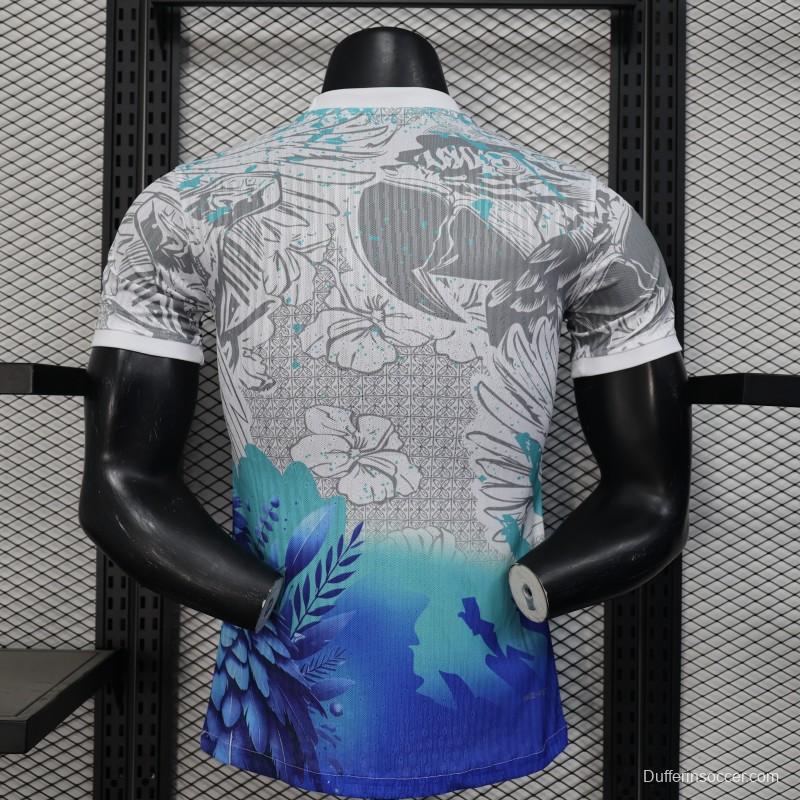 Player Version 2025 Brazil White with Blue Macaw Jersey