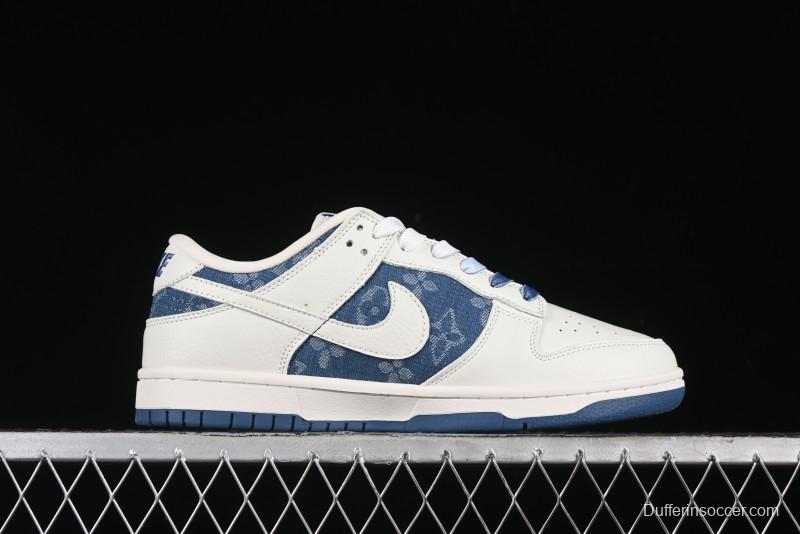 Nike SB Dunk Low LV Collaboration - Beige Blue Print Anniversary High-End Custom Low-Top Casual Skate Shoes - JH8310-954