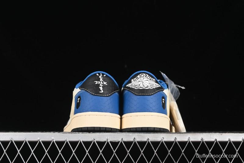 Nike Travis Scott x Fragment Design x Air Jordan 1 Low OG SP AJ1 Bape Collaboration - Crocodile Leather Black White Blue Low Top Casual Sneakers - XZ2828-001