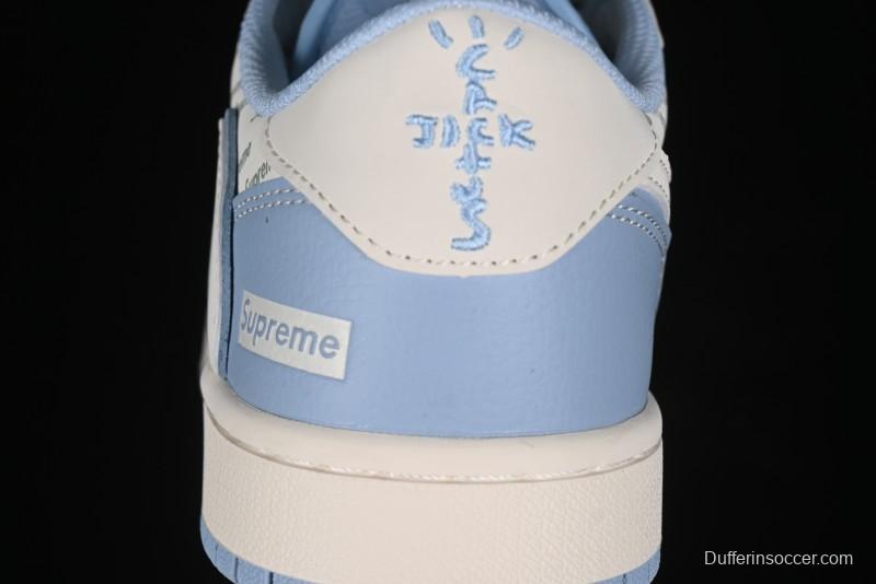 Nike Travis Scott x Fragment Design x Air Jordan 1 Low OG SP AJ1 Supreme Collaboration - White Blue Lettering Low Top Casual Sneakers - XY2688-116