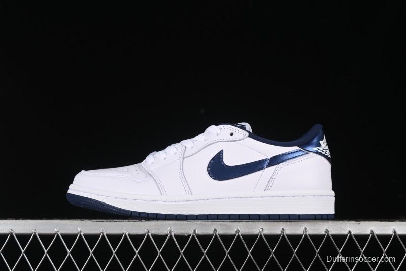 Nike Air Jordan 1 Low 85 Retro Sneakers in White with Metallic Blue Swoosh - FB9933-141