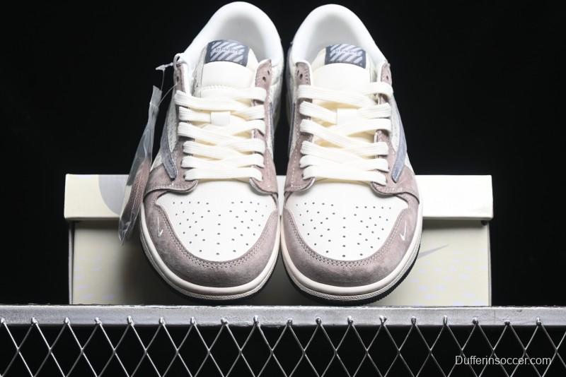 Nike Travis Scott x Fragment Design x Air Jordan 1 Low OG SP AJ1 OF Collaboration - Latte Grey Low Top Casual Sneakers - SJ2068-109