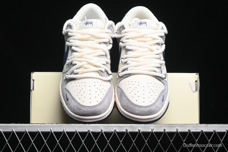 Nike SB Dunk Low Stussy Collaboration - Navy Blue Embroidery Swoosh Anniversary Custom Low-Top Casual Sneakers - SJ2068-296