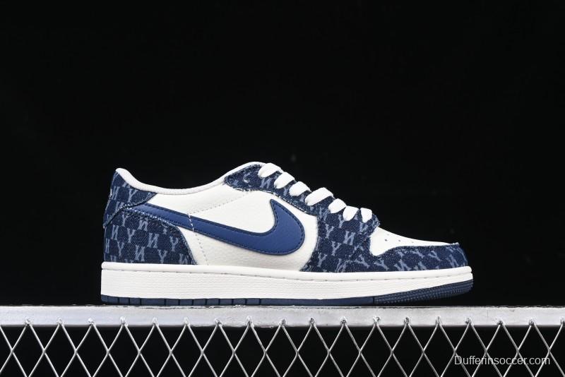 Nike Travis Scott x Fragment Design x Air Jordan 1 Low OG SP AJ1 MLB Collaboration White Blue Denim Low-top Casual Sneakers - DM7866-051