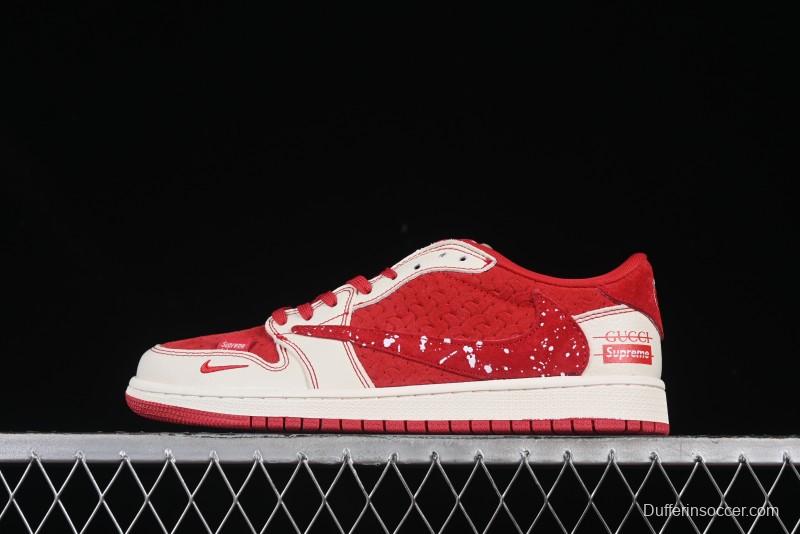 Nike Travis Scott x Fragment Design x Air Jordan 1 Low OG SP AJ1 Collaboration Woven China Red Low-Top Casual Sneakers - XS2024-040