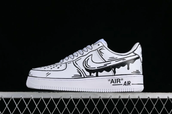 Nike Air Force 1 '07 Low Casual Sneakers with Black and White Hand-Drawn Manga Design - CW2288-811