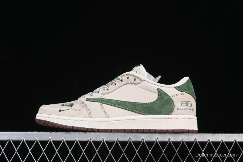Nike Travis Scott x Fragment Design x Jordan Air Jordan 1 Low OG SP AJ1 Paris Collaboration Suede Green Swoosh Low-Top Casual Sneakers - XS3086-015
