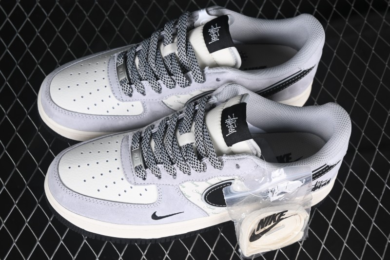 Nike Air Force 1 '07 Low Stussy Collaboration Grey Pigskin Black Swoosh Low-Top Casual Sneakers - XZ3318-099