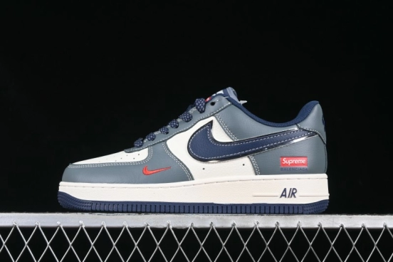Nike Air Force 1 '07 Low Supreme Casual Sneakers in Grey Blue with Red Swoosh - XZ6188-382