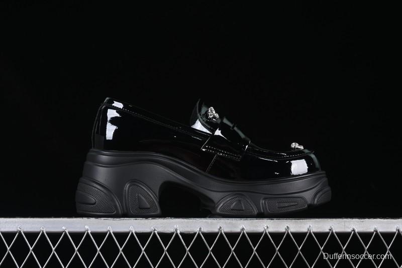Black Patent Chunky Platform Loafers with Metal Embellishments