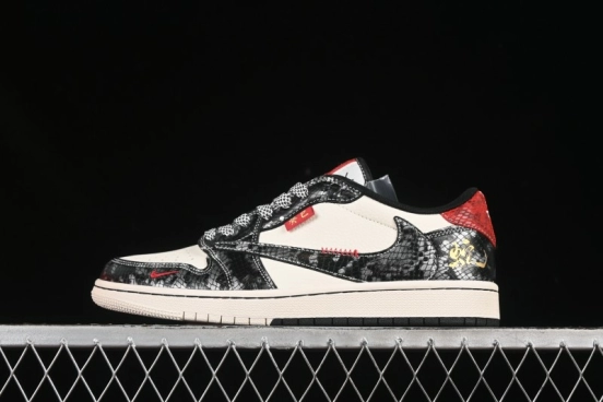 Nike Travis Scott x Fragment Design x Air Jordan 1 Low OG SP AJ1 Snake Year Limited Two-Tone Gloss Black Low-Top Casual Sneakers - YX5066-307