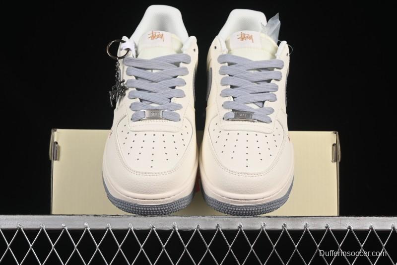 Nike Air Force 1 '07 Low Stussy Collaboration Gold Embroidery Grey Swoosh Casual Sneakers - XX3168-150