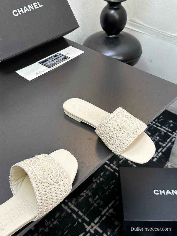 2025 CHANEL White Knit Leather Slippers LY00250