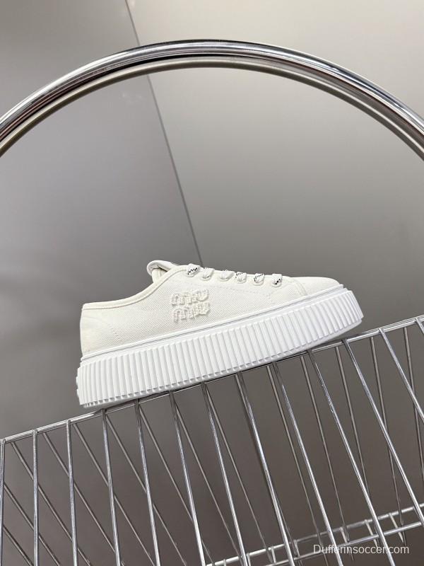2025 Women Miu Miu White Canvas Sneakers