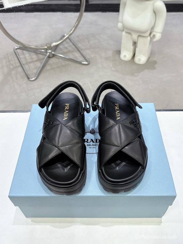 2025 Women Prada Black Leather Sandals