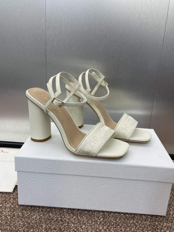 2025 Women Dior White Leather High Heel Embroidered Sandals