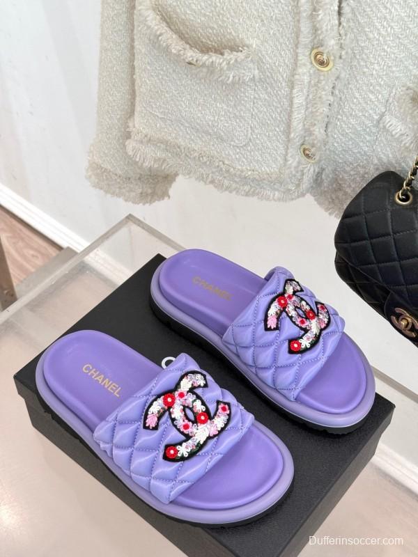 2025 Slippers Chanel Purple Quilt Embroidery