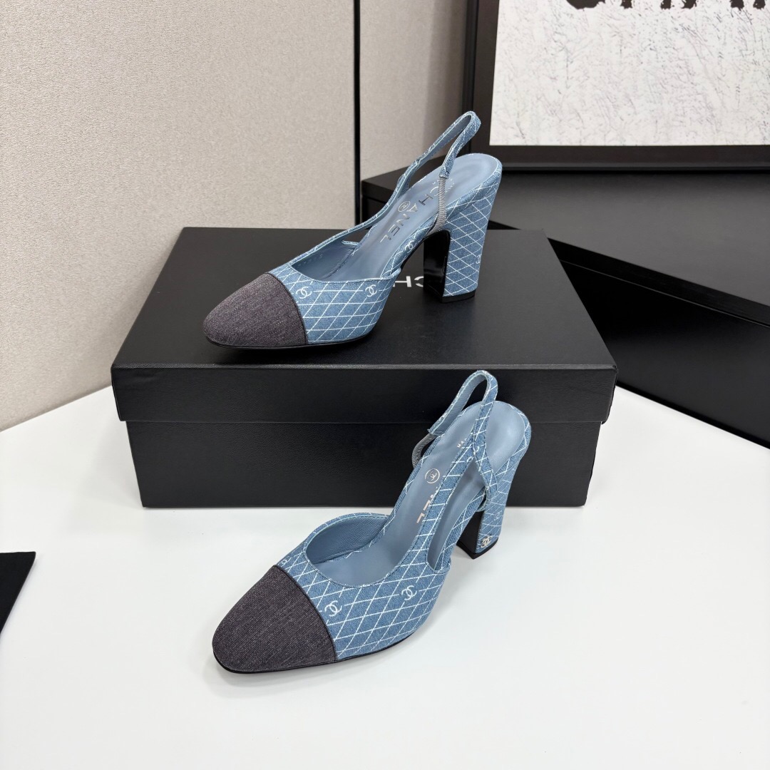 2025 Women Chanel Blue Black Denim Leather Slingback LY00270