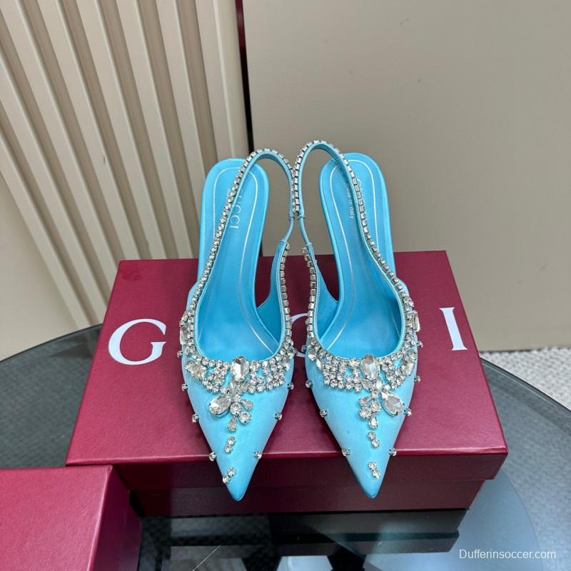 2025 Women Gucci Blue Silk Crystal Embellished Slingback Pumps MJ00340