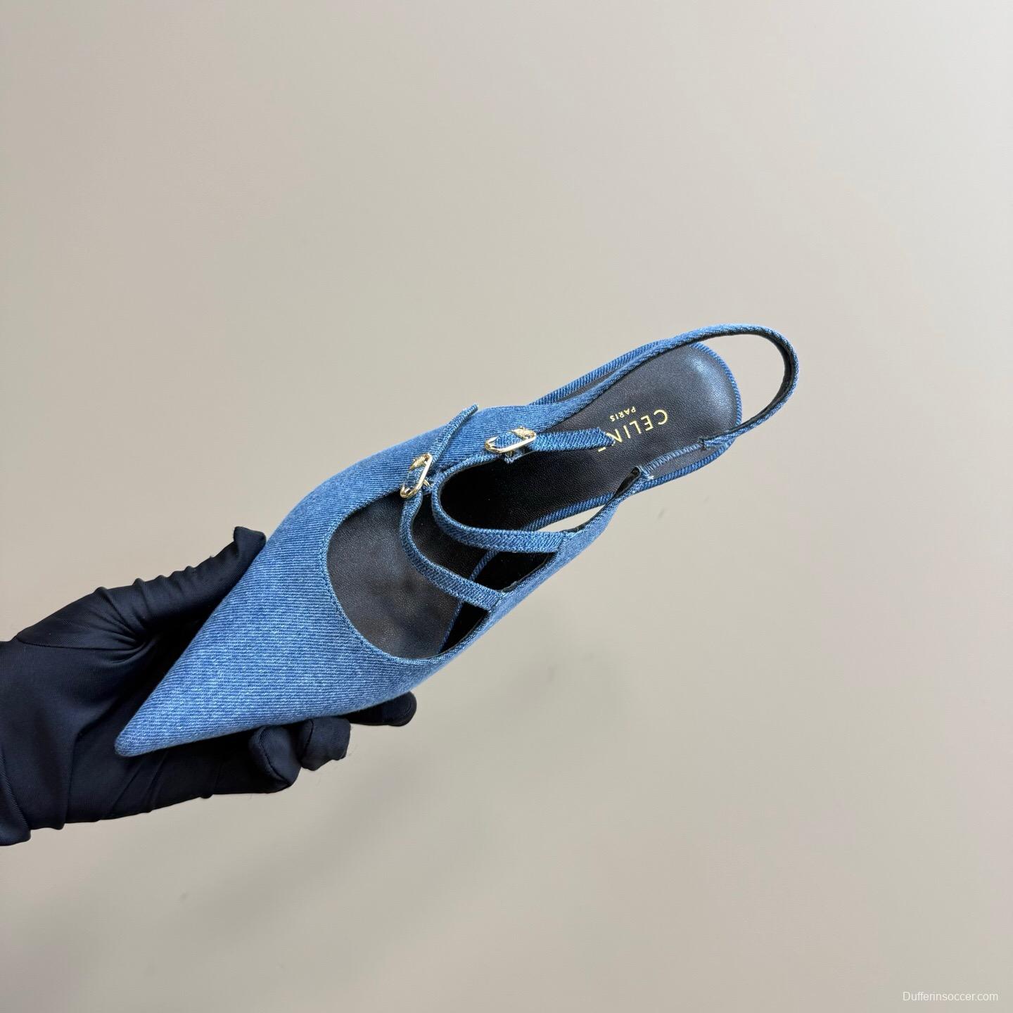 2025 Women CELINE Blue Denim Leather Pointed Toe Slingback Heels KFY00290