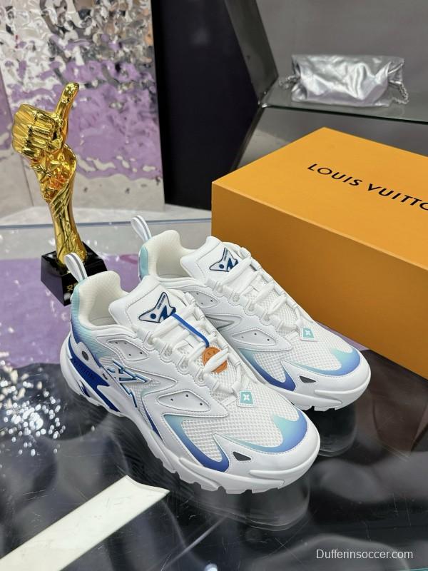 2025 Men Louis Vuitton Blue White Mesh Leather Sneakers MJ00420