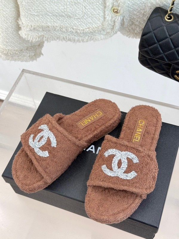 2025 CHANEL Brown Terrycloth Slippers CC Logo KFY00220