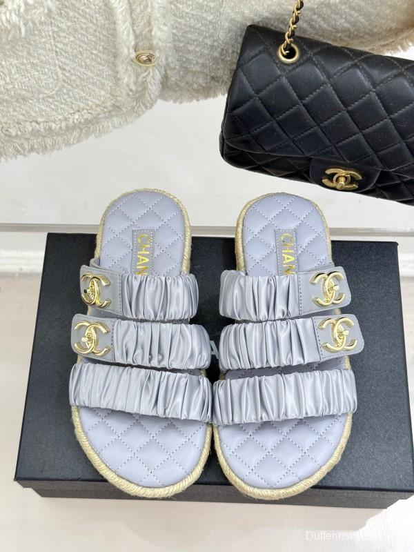 2025 Women Chanel Silver Leather Slippers KFY00230