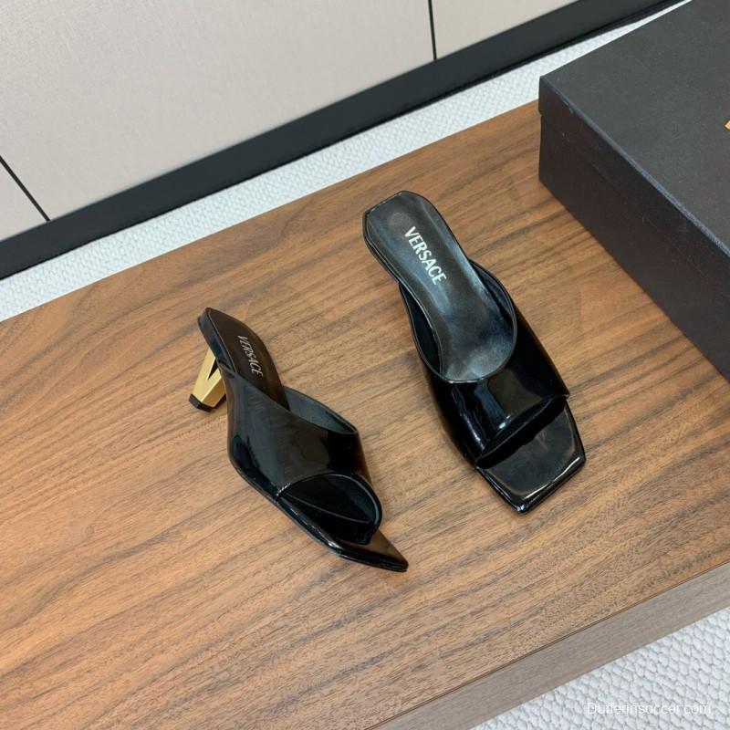 2025 Women VERSACE Black Patent Leather Slippers