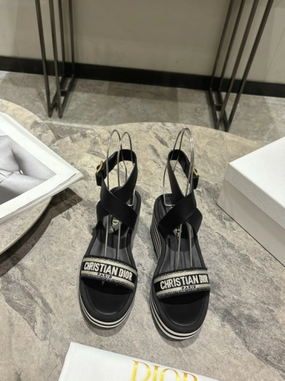 2025 Women Dior Black Leather Sandals Christian Dior Logo KFY00280