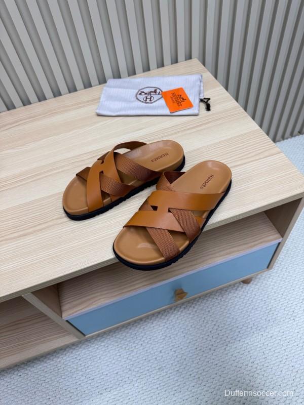 2025 Men Hermès Brown Leather Slippers