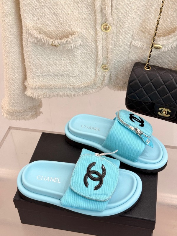 2025 Slippers Chanel Blue Fabric Slippers KFY00220