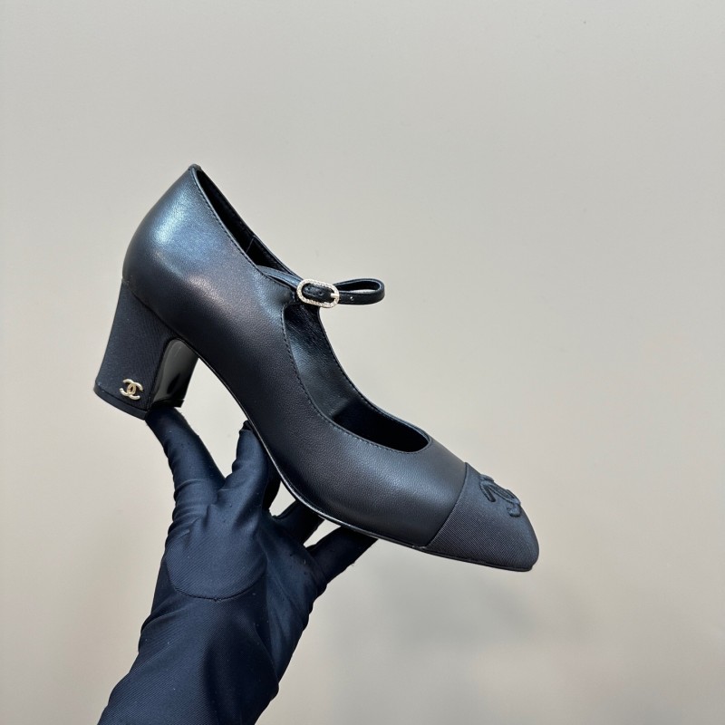 2025 Women Chanel Black Leather Mary Jane Shoes KFY00290