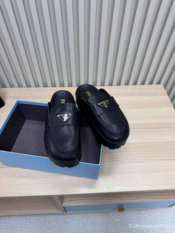 2025 Women Prada Black Leather Platform Loafers