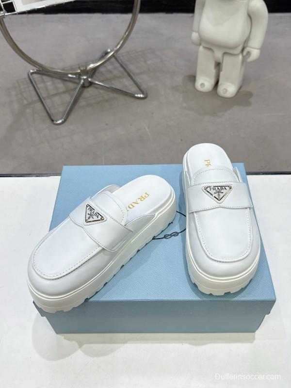 2025 Women Prada White Leather Slip-On Loafers