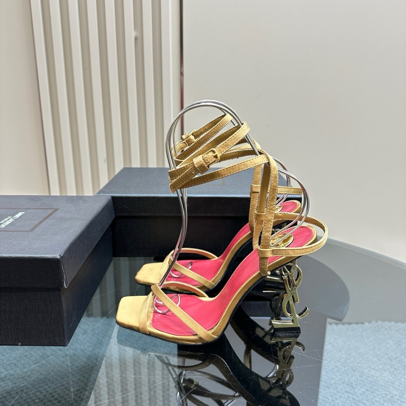 2025 Women Yves Saint Laurent Yellow Silk Strappy Heels