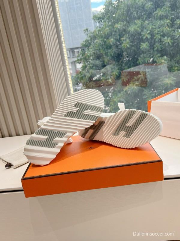 2024 Unisex Hermès Gray White Orange Calf Leather Suede Knit Sneakers MJ00290