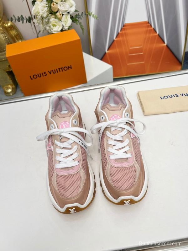 2025 Women Louis Vuitton Pink White Mesh Leather Sneakers LY00340