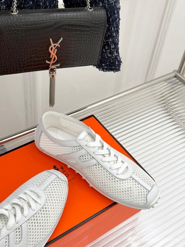 2025 Women Hermès White Mesh Leather Sneakers