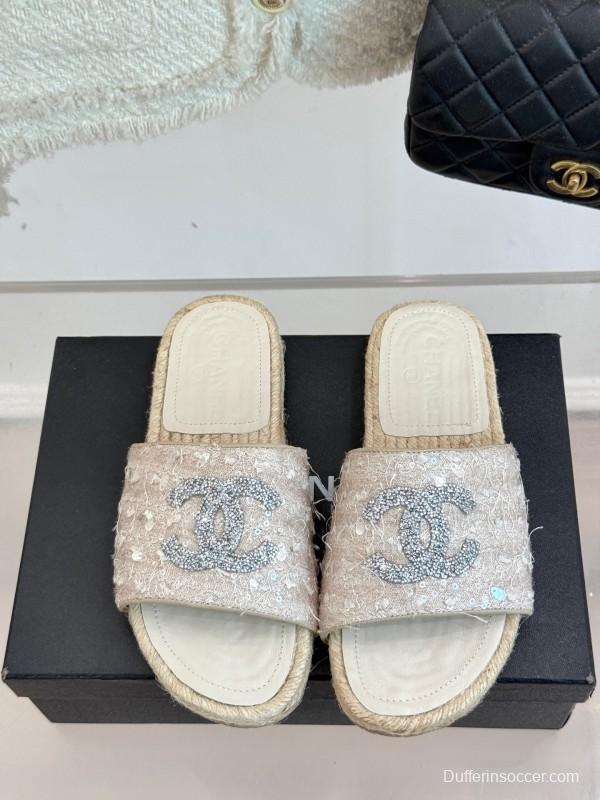 2025/Women Chanel White Lace Espadrille Slides With Sequined CC Logo KFY00240(F)