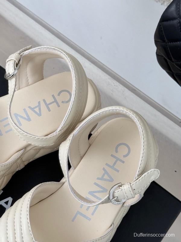 2025 Women Chanel White Leather Sandals
